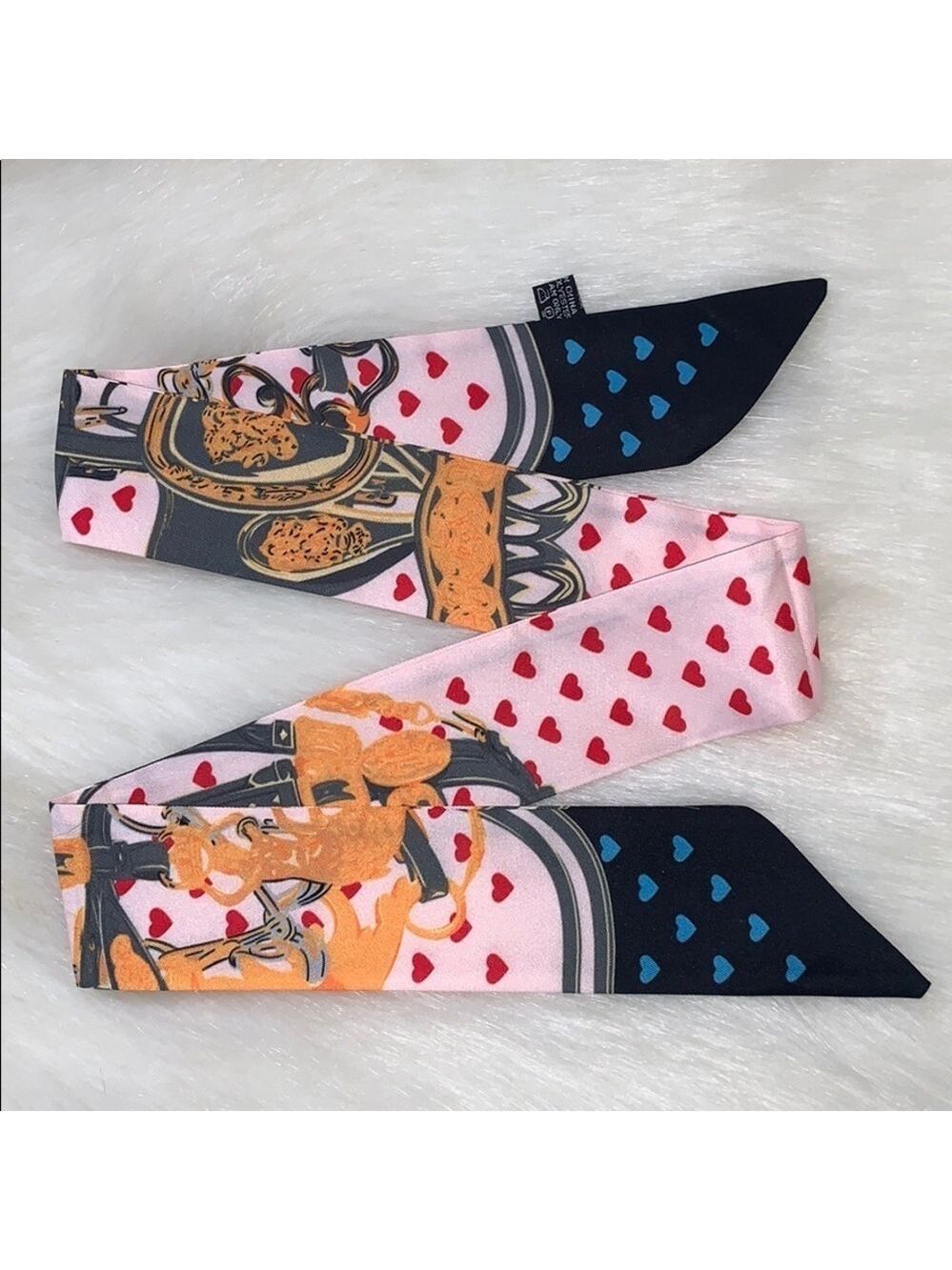 BLACK PINK HEART SKINNY SCARF BAG HANDLE WRAP BANDEAU HAIR TIE LOVE PRINT - Picture 6 of 7
